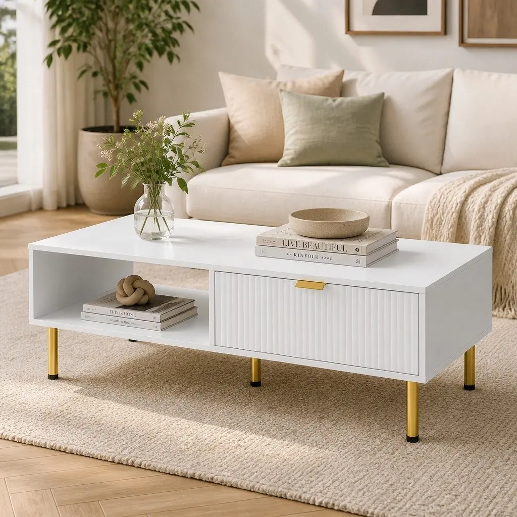 Coffee Table 110cm White Gold with Storage