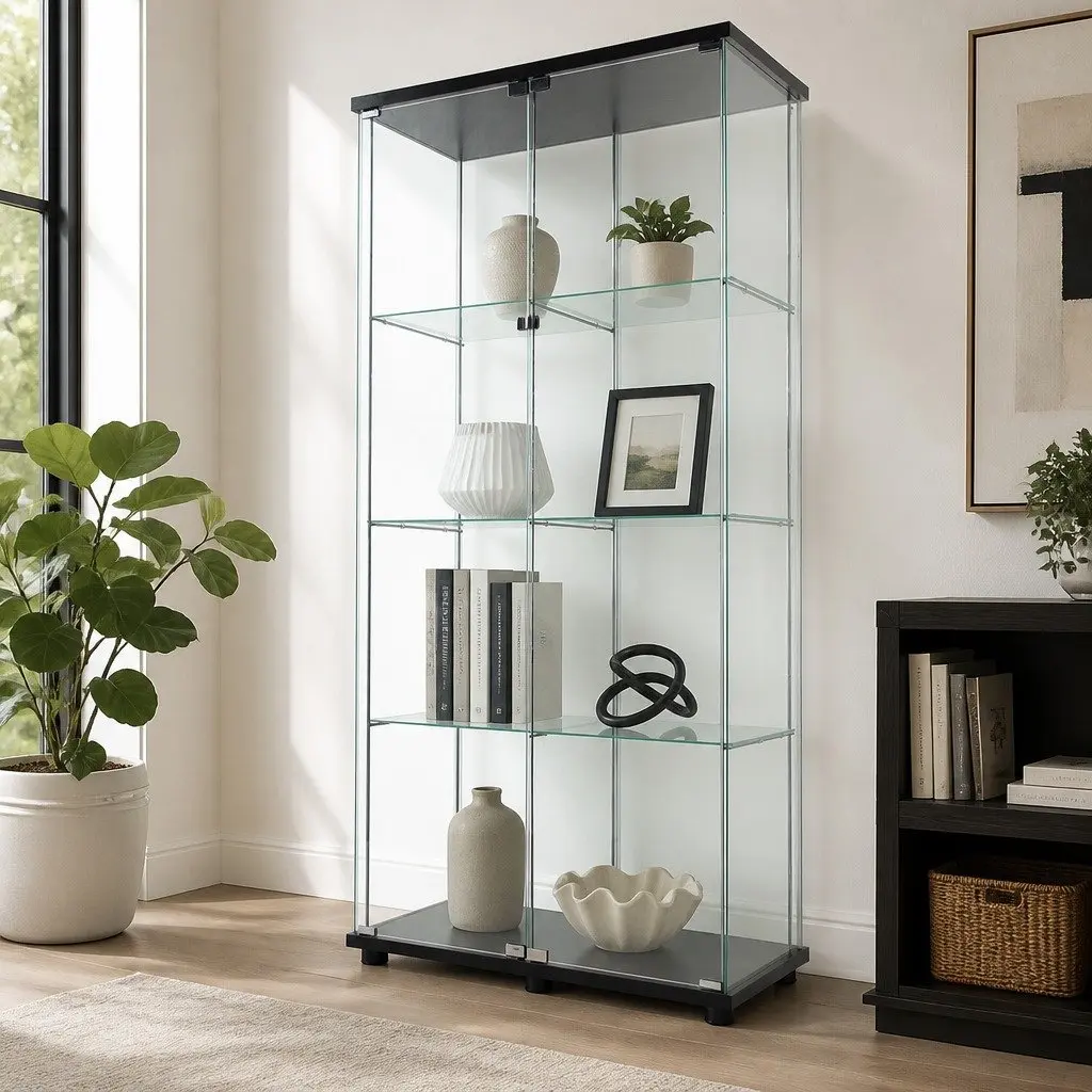4-Tier Glass Display Cabinet with Magnetic Doors