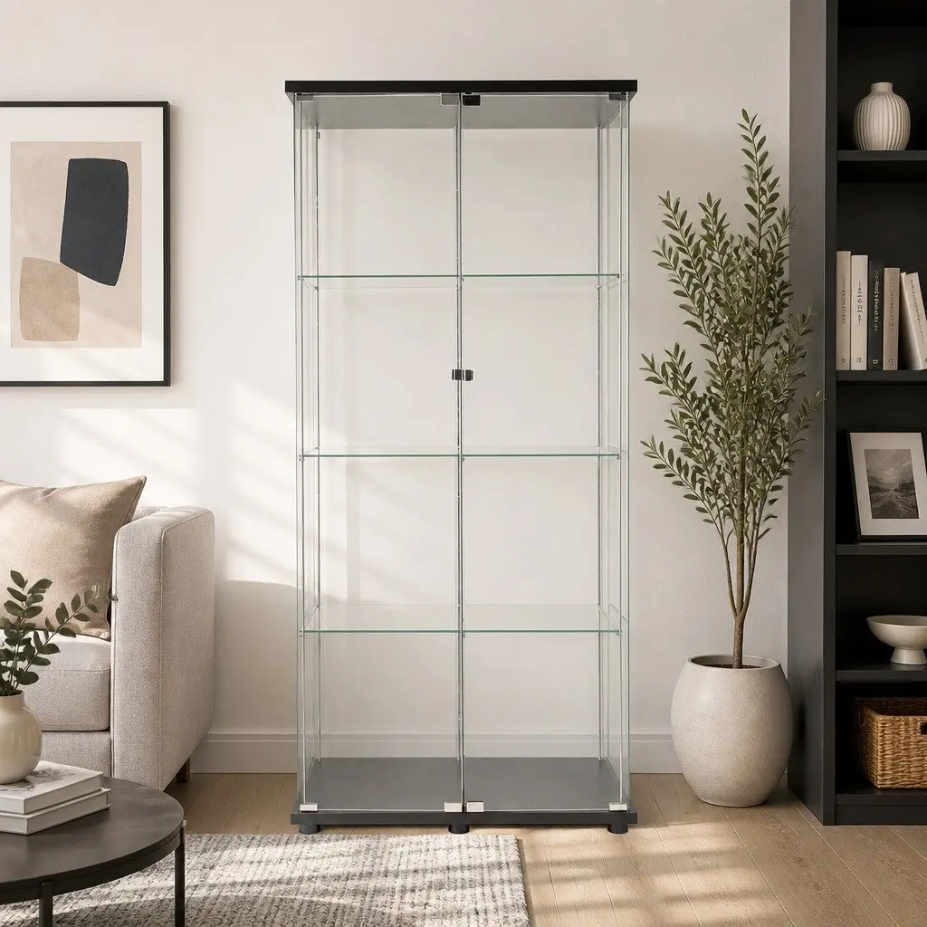 Glass Display Cabinet 4-Tier Black 164cm Tall Tempered Glass Shelves MDF Magnetic Doors