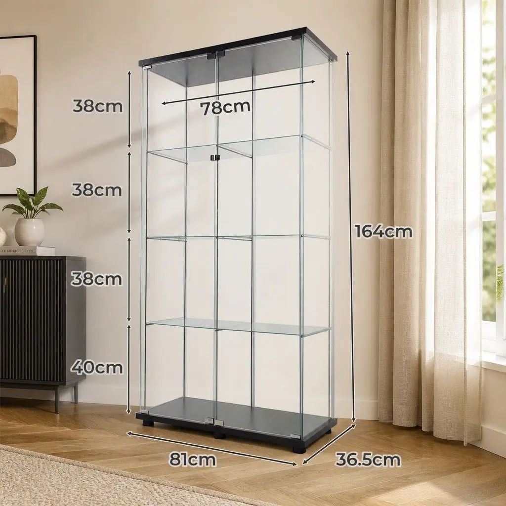 Glass Display Cabinet 4-Tier Black 164cm Tall Tempered Glass Shelves MDF Magnetic Doors