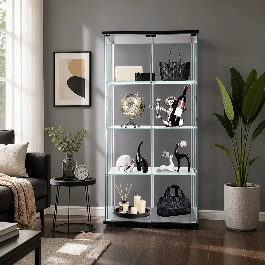 Glass Display Cabinet 4-Tier Black 164cm Tall Tempered Glass Shelves MDF Magnetic Doors