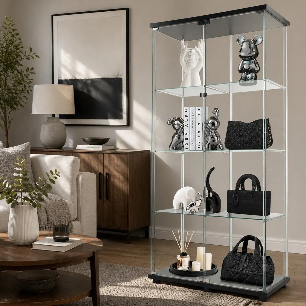 Glass Display Cabinet 4-Tier Black 164cm Tall Tempered Glass Shelves MDF Magnetic Doors