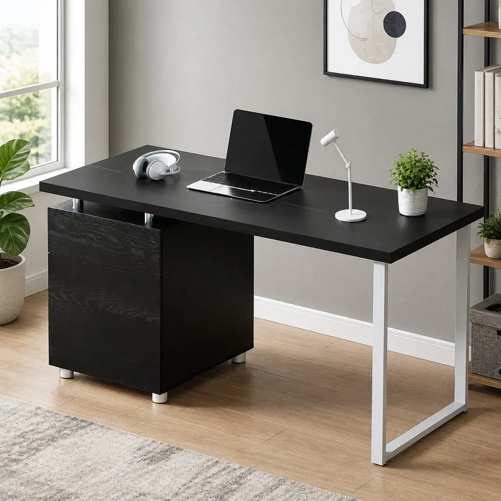 Computer Desk Black 140cm Wide Honeycomb Board Office Workstation with 3 Drawers