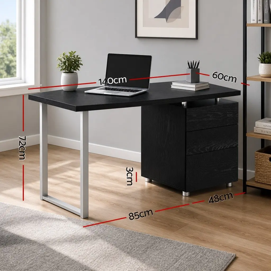 Computer Desk Black 140cm Wide Honeycomb Board Office Workstation with 3 Drawers