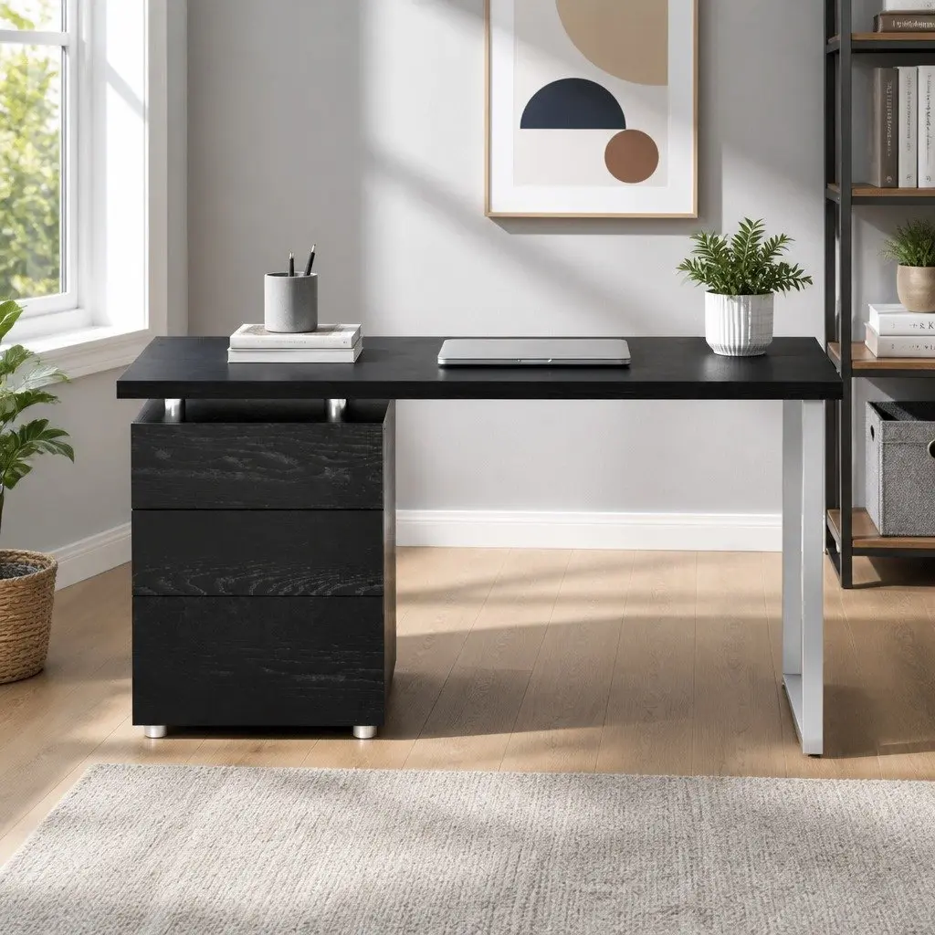 Computer Desk Black 140cm Wide Honeycomb Board Office Workstation with 3 Drawers