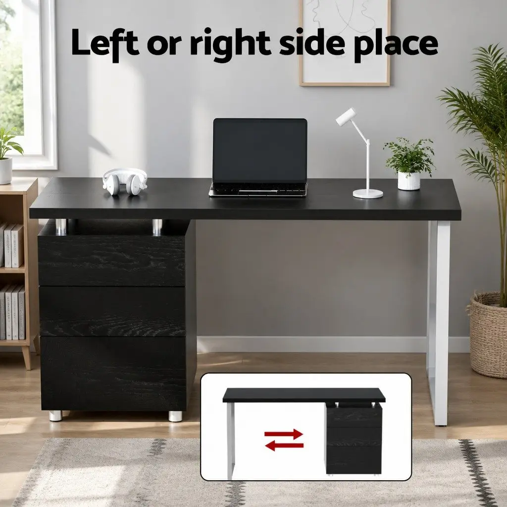 Computer Desk Black 140cm Wide Honeycomb Board Office Workstation with 3 Drawers