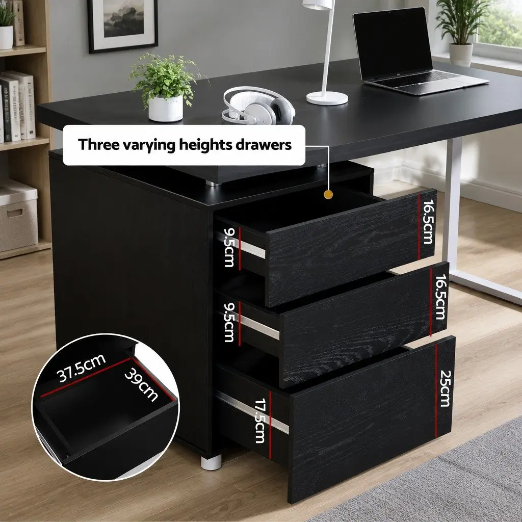Computer Desk Black 140cm Wide Honeycomb Board Office Workstation with 3 Drawers