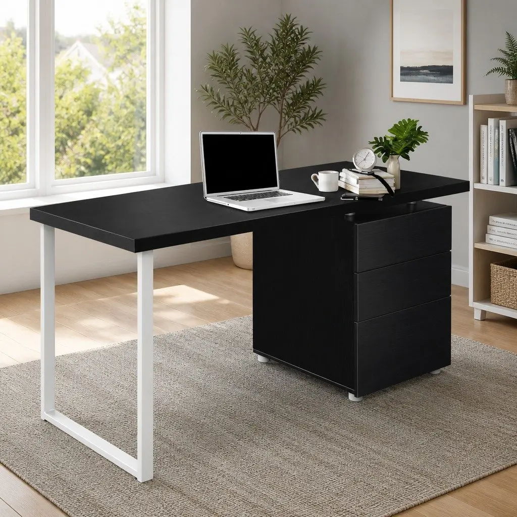 Computer Desk Black 140cm Wide Honeycomb Board Office Workstation with 3 Drawers