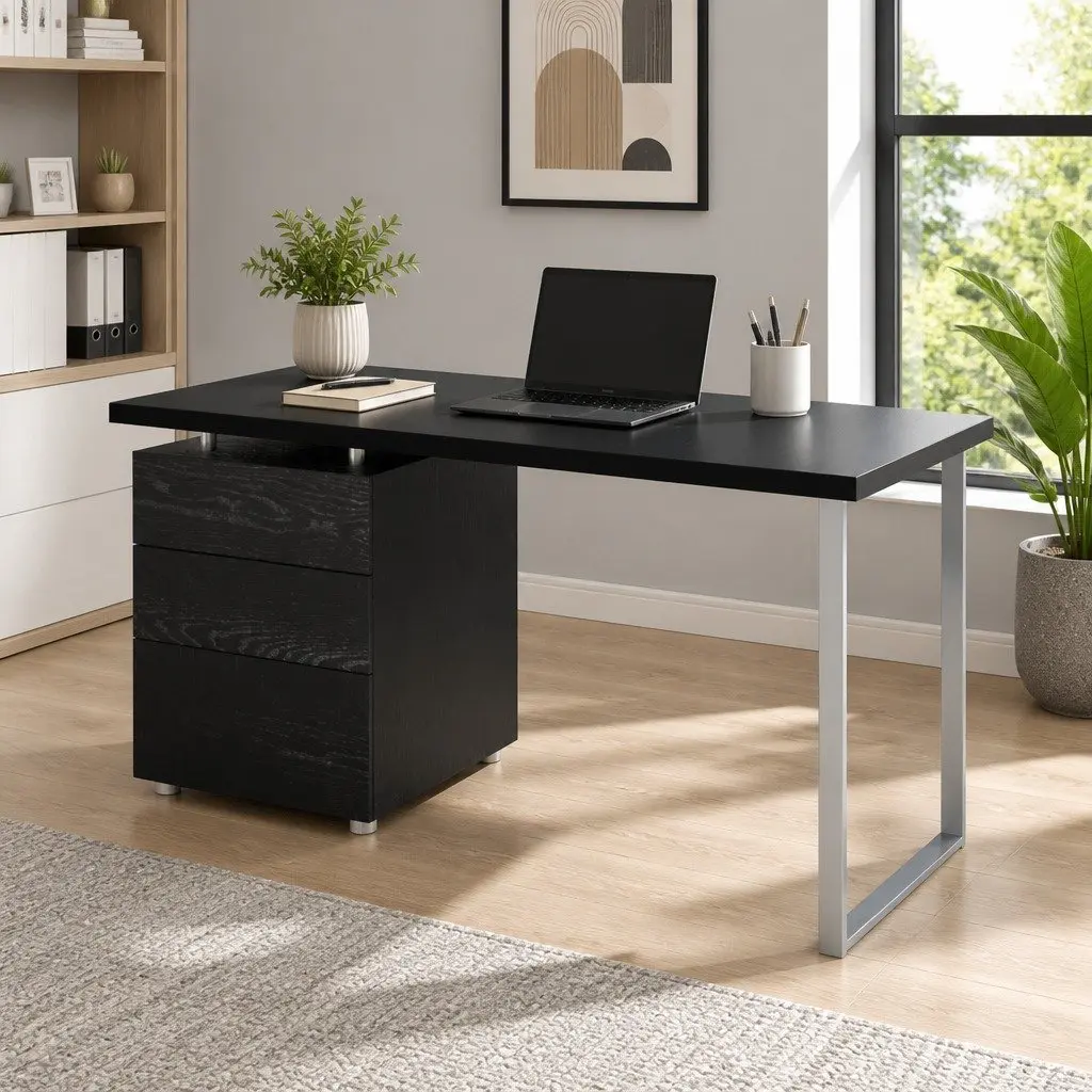 Computer Desk Black 140cm Wide Honeycomb Board Office Workstation with 3 Drawers