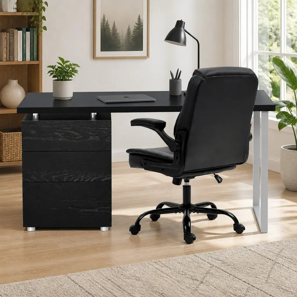 Black Executive Office Chair and Computer Desk Set