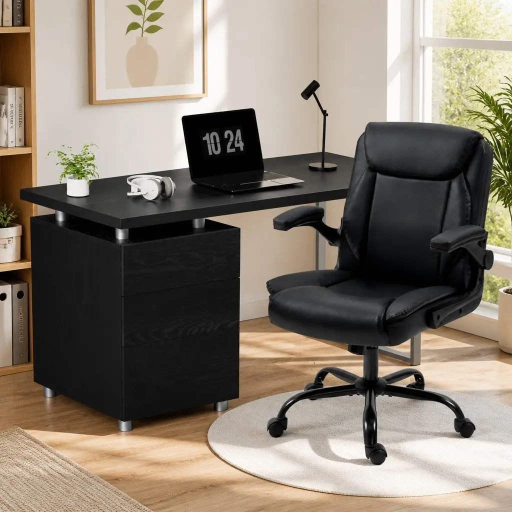 Black Executive Office Chair and Computer Desk Set