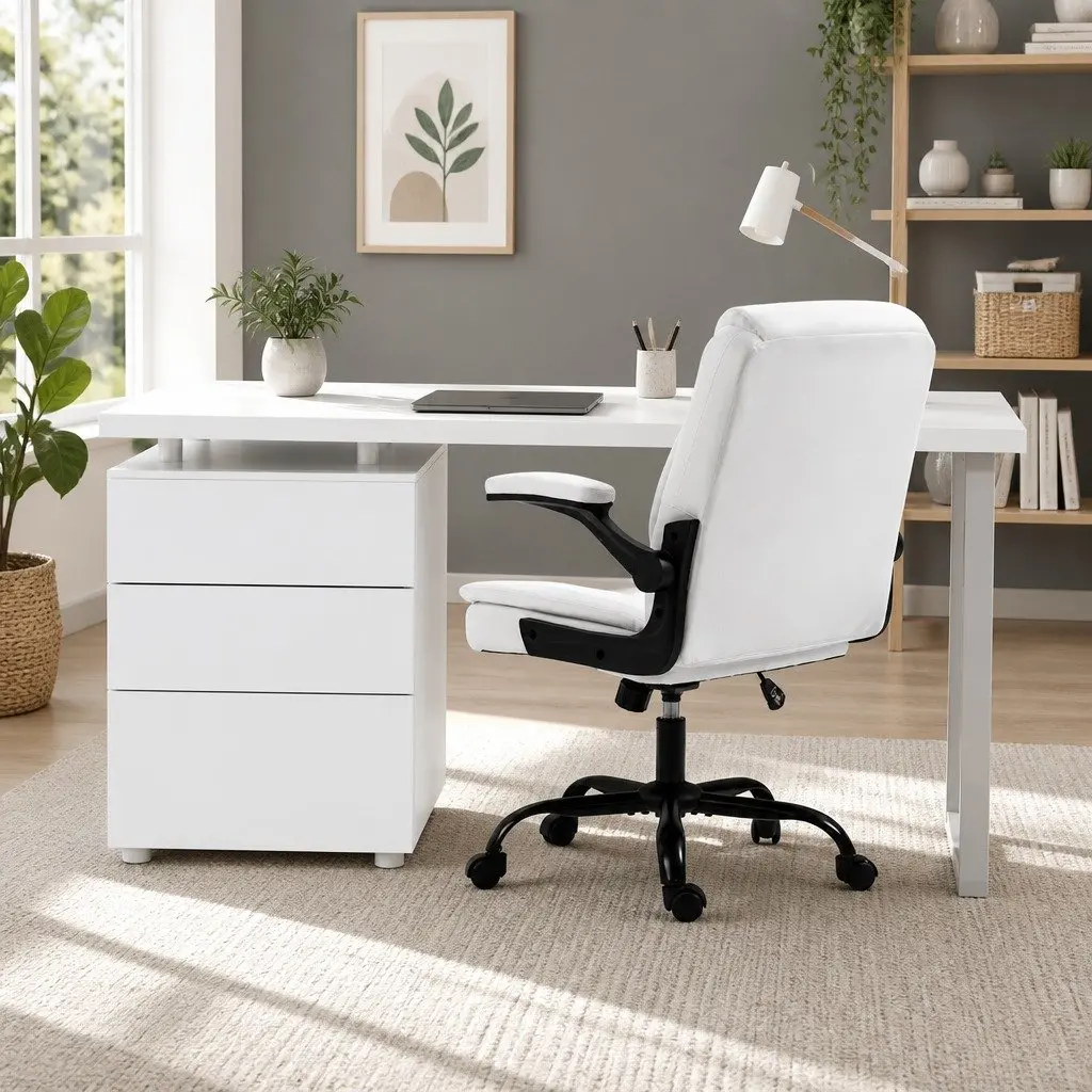 White Computer Desk and Executive Office Chair Set