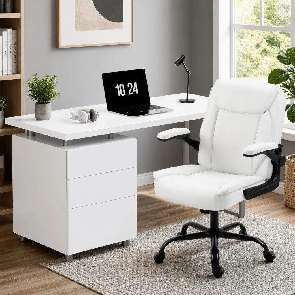 White Computer Desk and Executive Office Chair Set