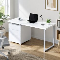 Contemporary White Computer Desk with 3 Drawers