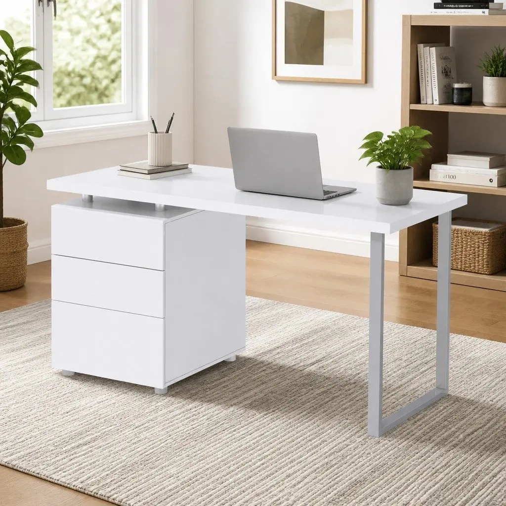 Computer Desk with 3 Drawers White 140cm Office Workstation Contemporary Design