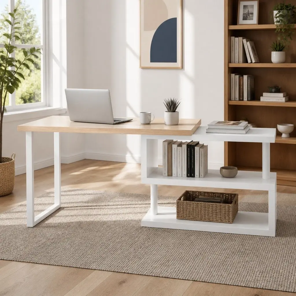 Computer Desk with Rotating Bookshelf for Home Office