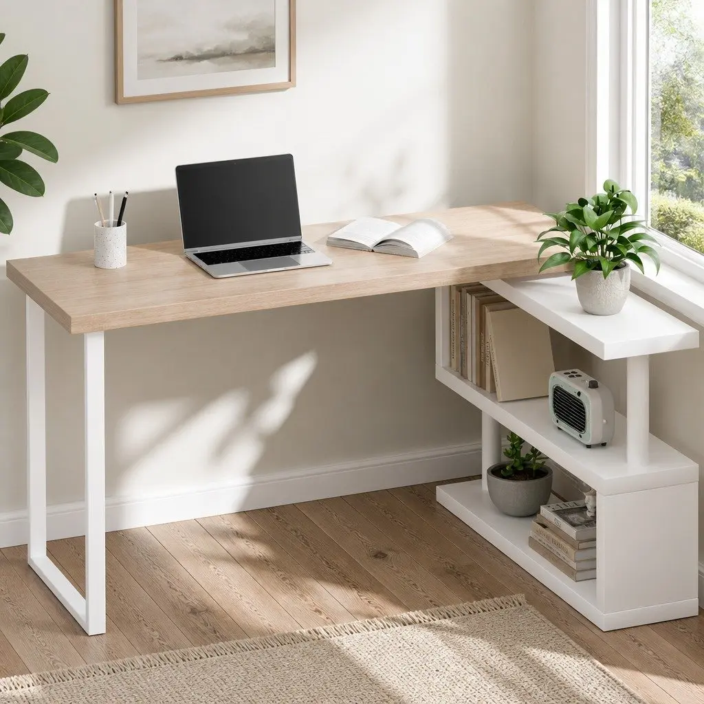 Computer Desk with Rotating Bookshelf for Home Office