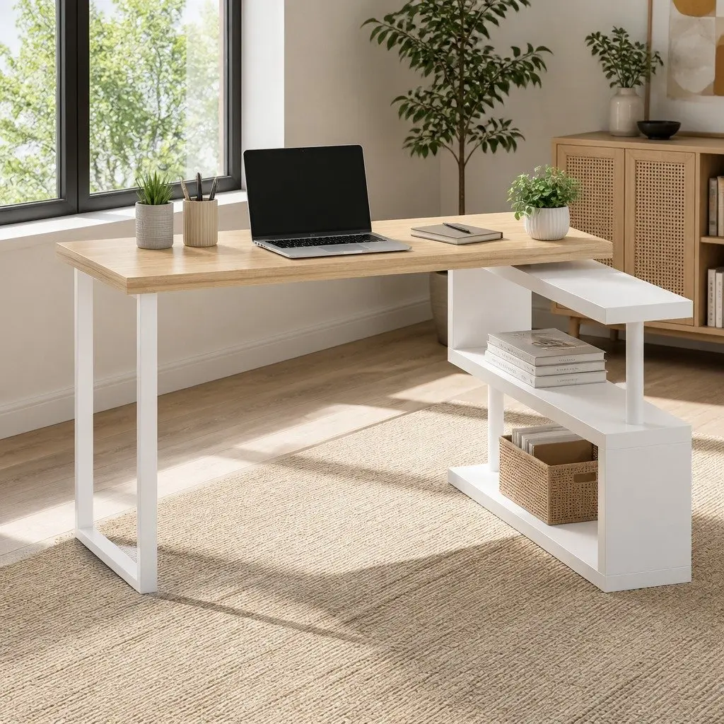 Computer Desk with Rotating Bookshelf for Home Office
