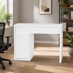 Elegant White Computer Desk with 2 Drawers and Cabinet