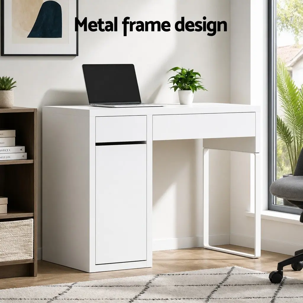 White Computer Desk with 2 Drawers and Cabinet