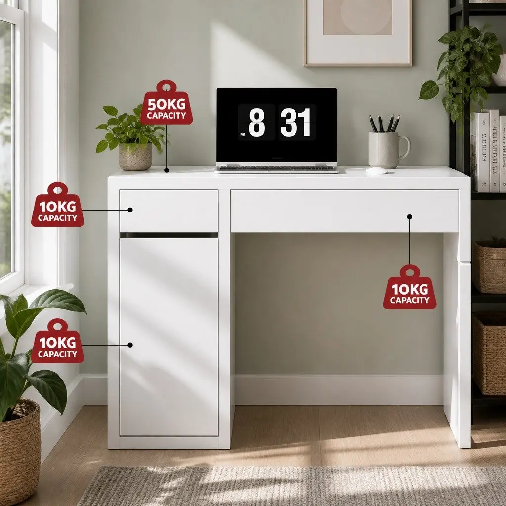 White Computer Desk with 2 Drawers and Cabinet