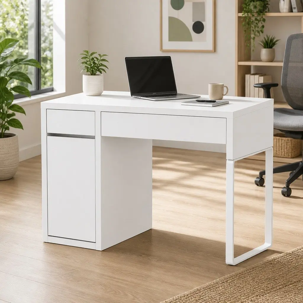 White Computer Desk with 2 Drawers and Cabinet