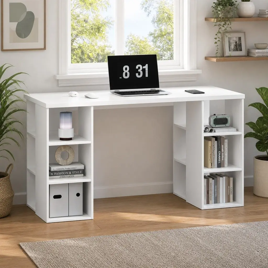 White Computer Desk with Shelves 150CM Storage Workstation