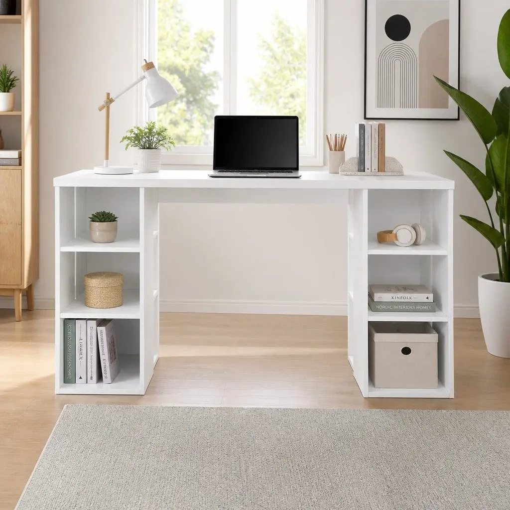 White Computer Desk with Shelves 150CM Storage Workstation