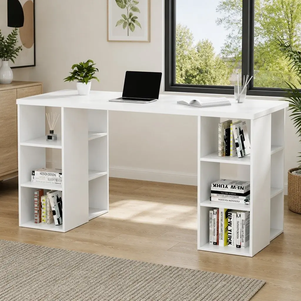 White Computer Desk with Shelves 150CM Storage Workstation