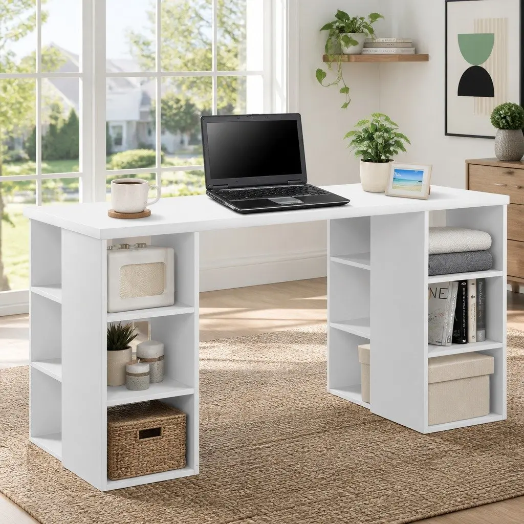 White Computer Desk with Shelves 150CM Storage Workstation