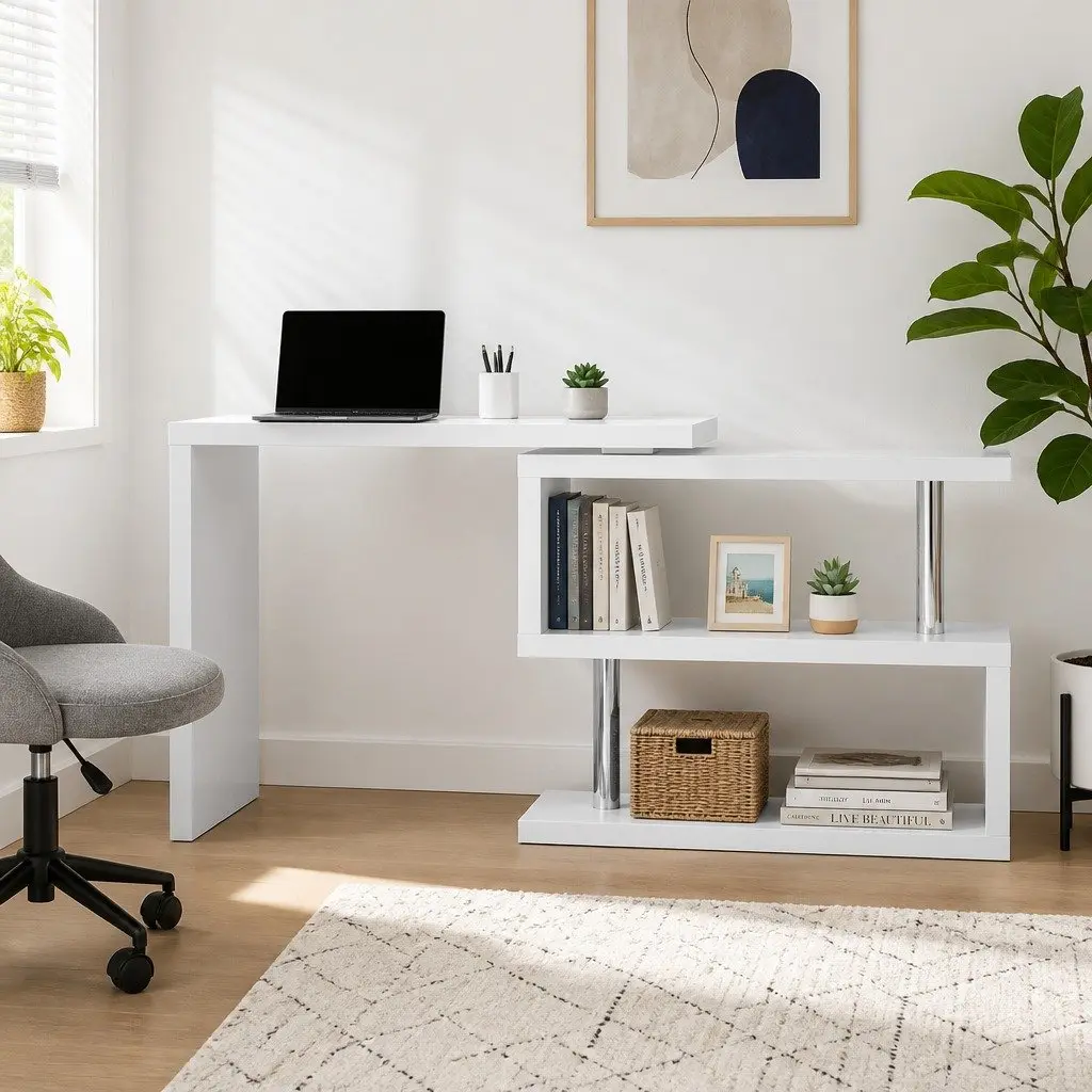 L-Shape Computer Desk with Rotatable Shelf and Storage
