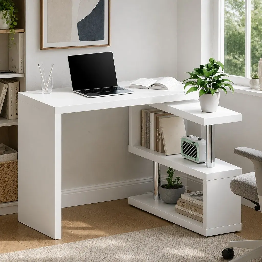 L-Shape Computer Desk with Rotatable Shelf and Storage