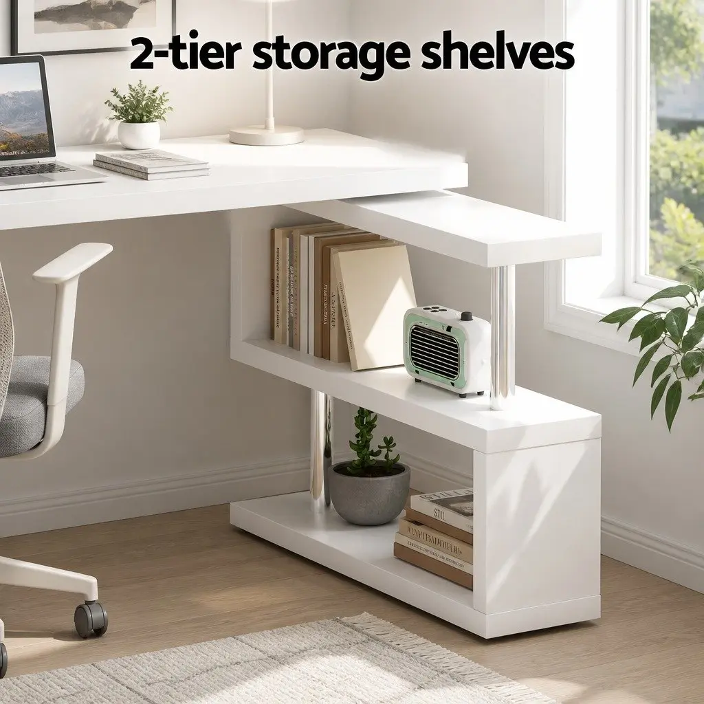 L-Shape Computer Desk with Rotatable Shelf and Storage