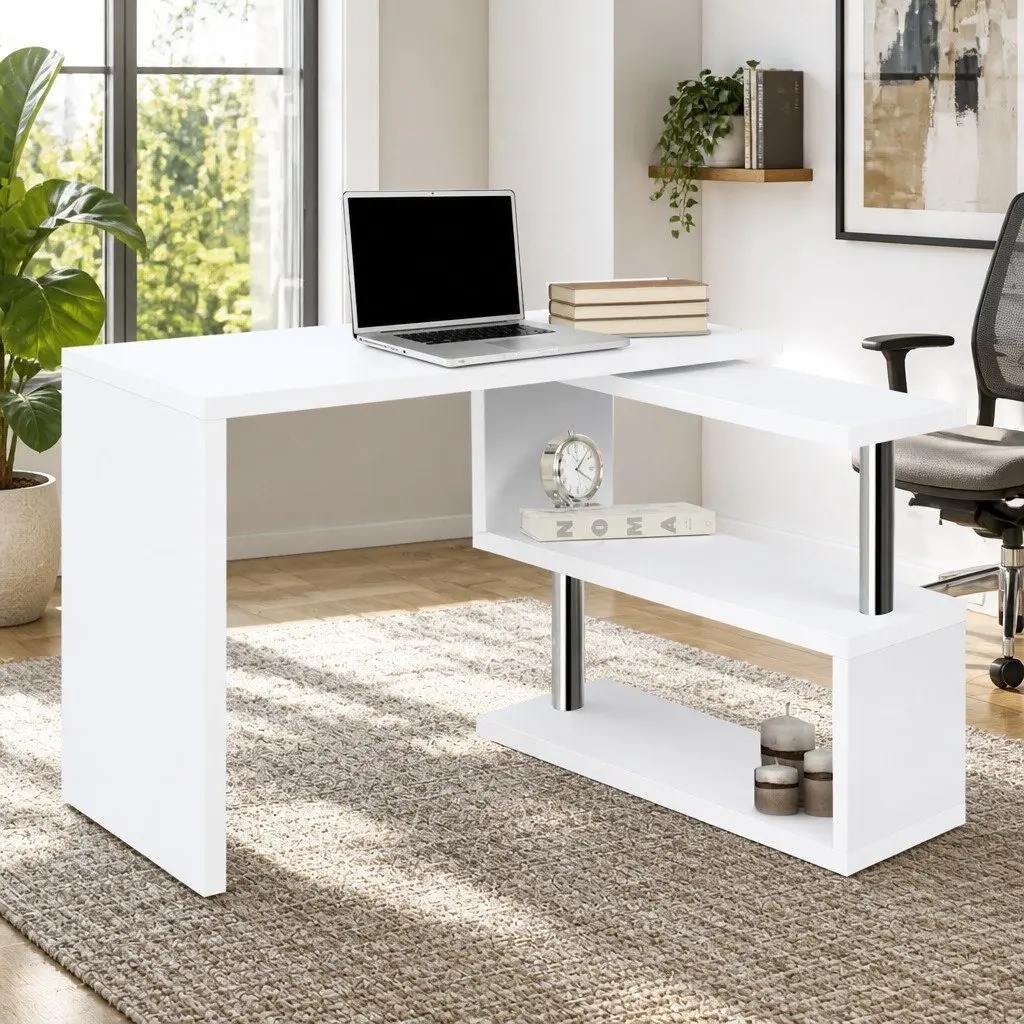 L-Shape Computer Desk with Rotatable Shelf and Storage
