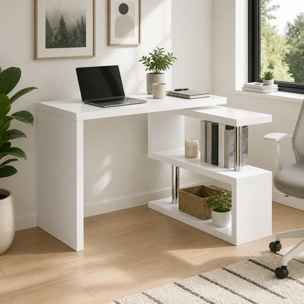 L-Shape Computer Desk with Rotatable Shelf and Storage