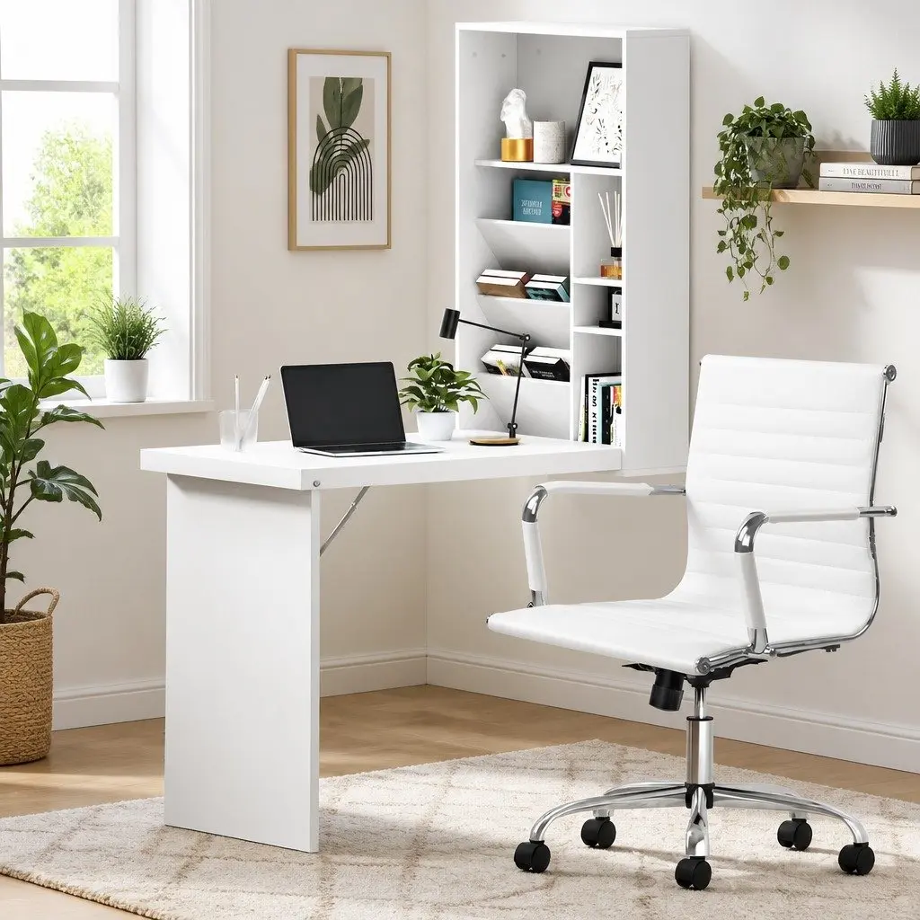 Foldable Computer Desk and Chair Set in White