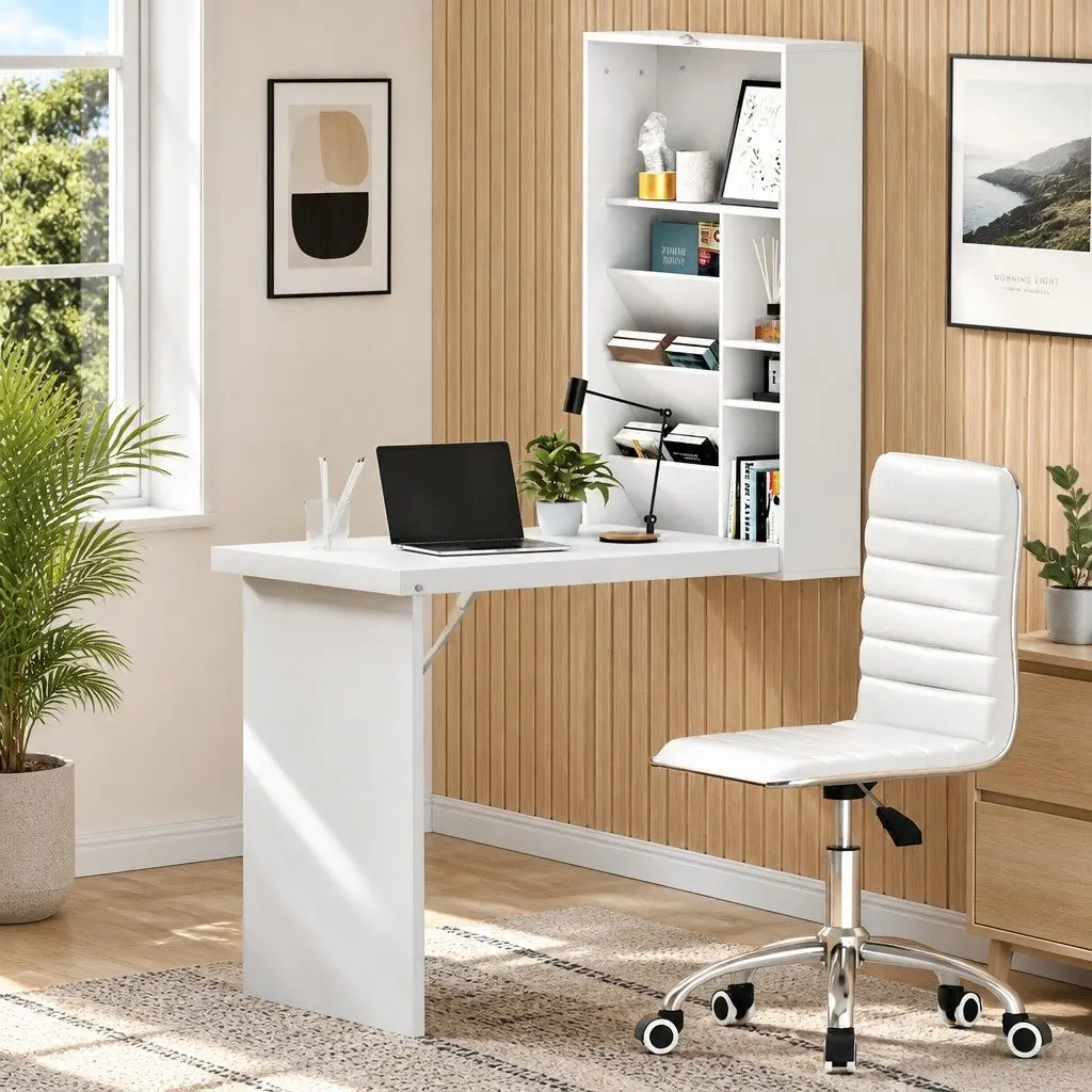 Foldable Computer Desk and Office Chair Set in White