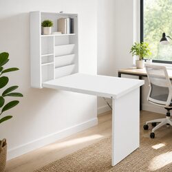 White Foldable Wall-Mounted Computer Desk with Bookcase