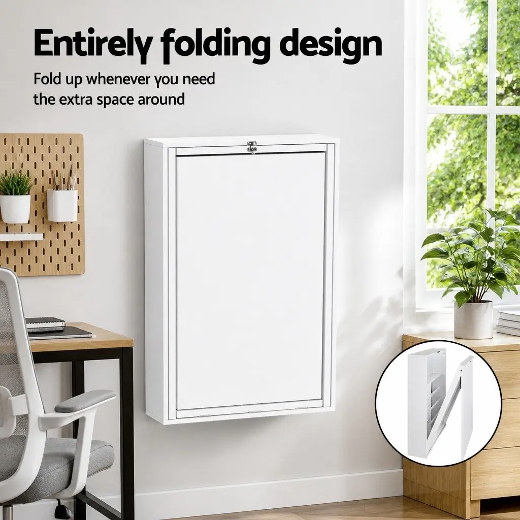 Foldable Wall Mount Computer Desk with Bookcase Storage White Fold Away Home