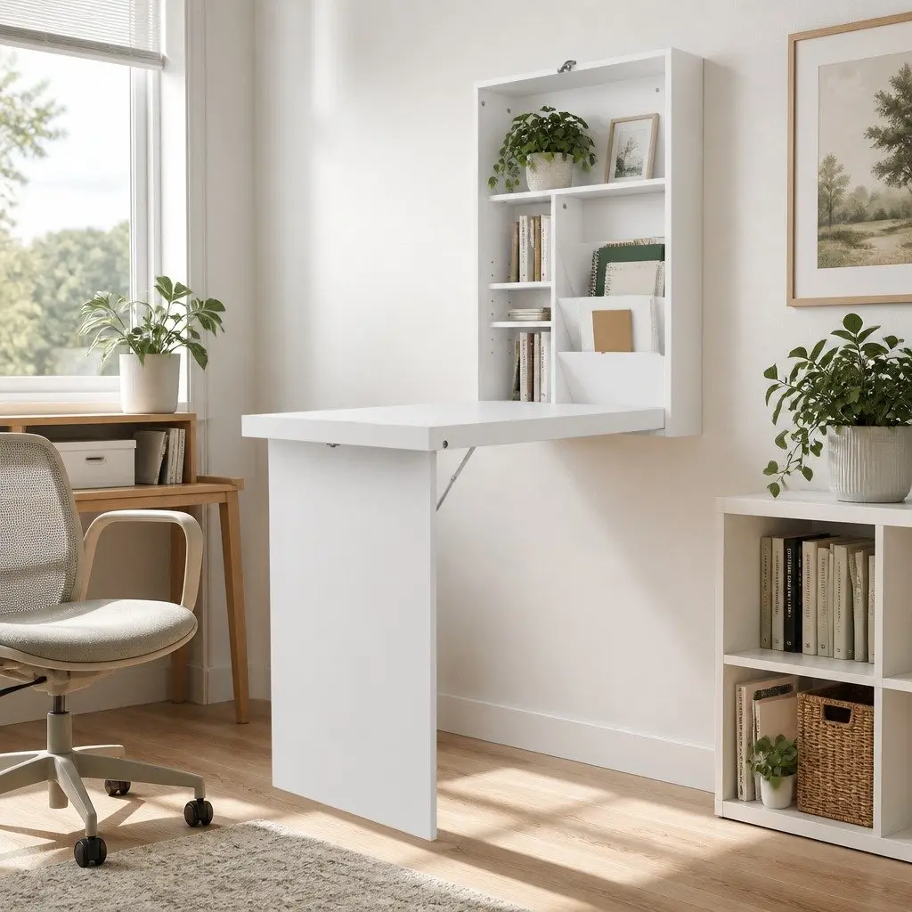 Foldable Wall Mount Computer Desk with Bookcase Storage White Fold Away Home