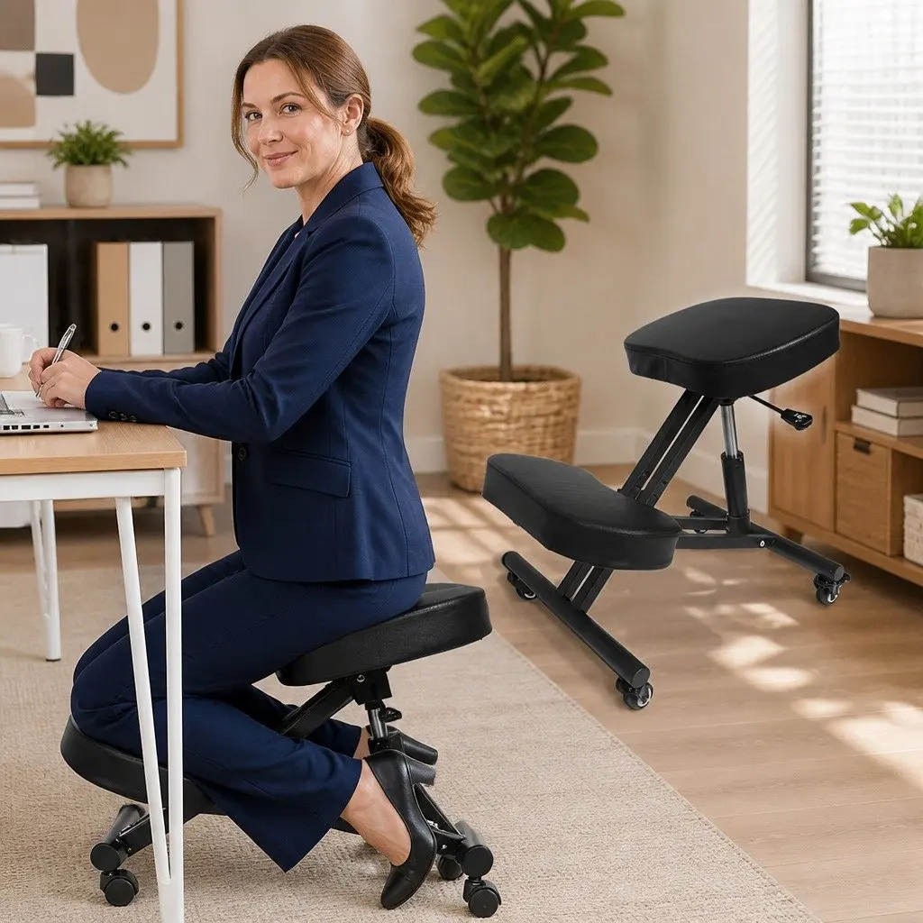 Kneeling Chair Ergonomic Black Adjustable Height Stainless Steel Foam Padded Seat