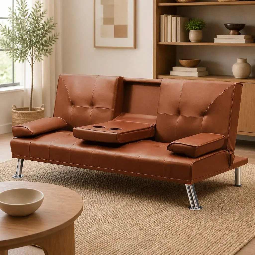 3-Seater Sofa Bed Adjustable Recliner Foldable Middle Panel Cup Holder Brown PVC Leather
