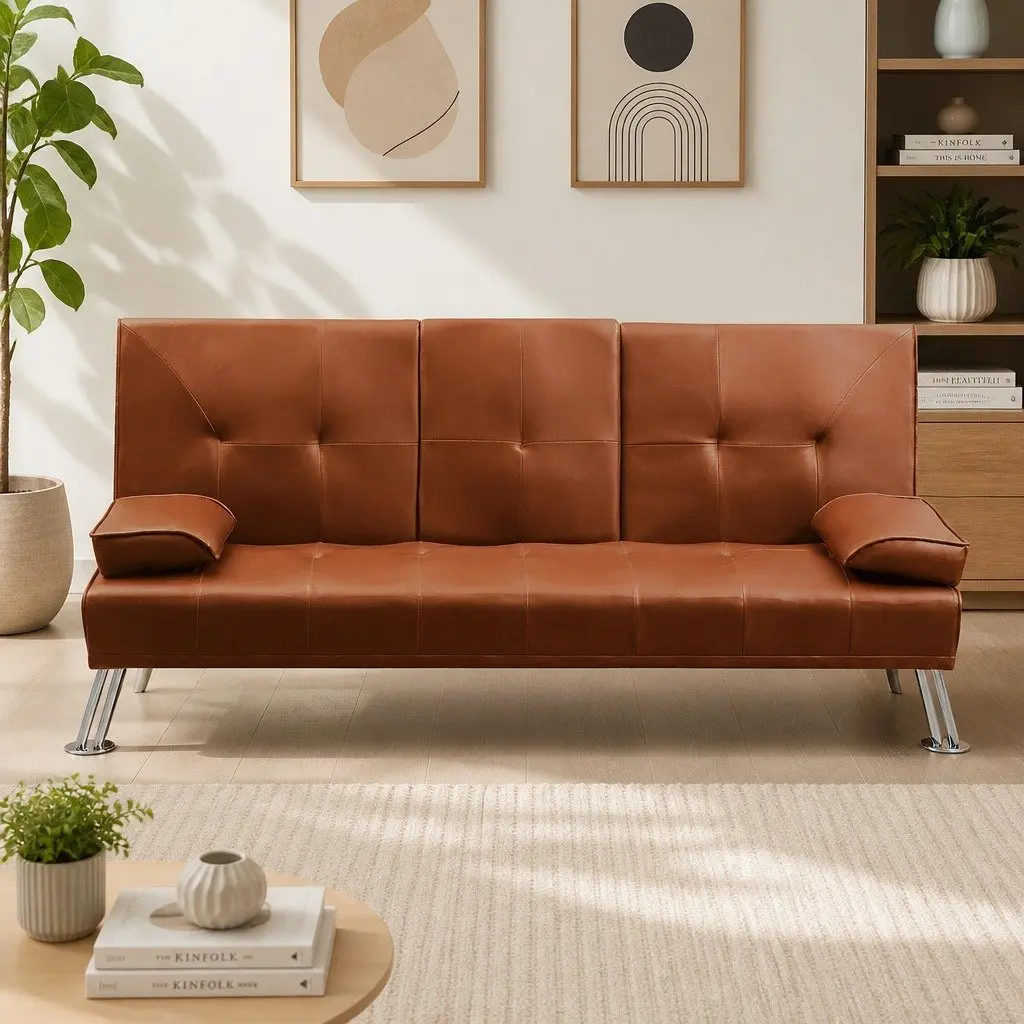 3-Seater Sofa Bed Adjustable Recliner Foldable Middle Panel Cup Holder Brown PVC Leather