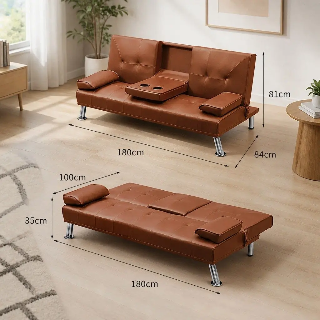 3-Seater Sofa Bed Adjustable Recliner Foldable Middle Panel Cup Holder Brown PVC Leather