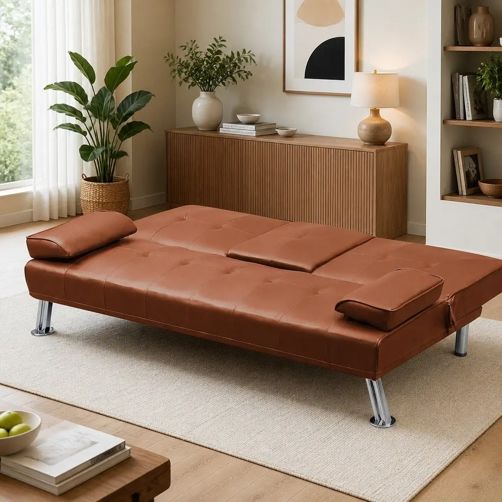 3-Seater Sofa Bed Adjustable Recliner Foldable Middle Panel Cup Holder Brown PVC Leather