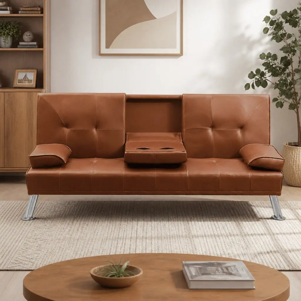 3-Seater Sofa Bed Adjustable Recliner Foldable Middle Panel Cup Holder Brown PVC Leather