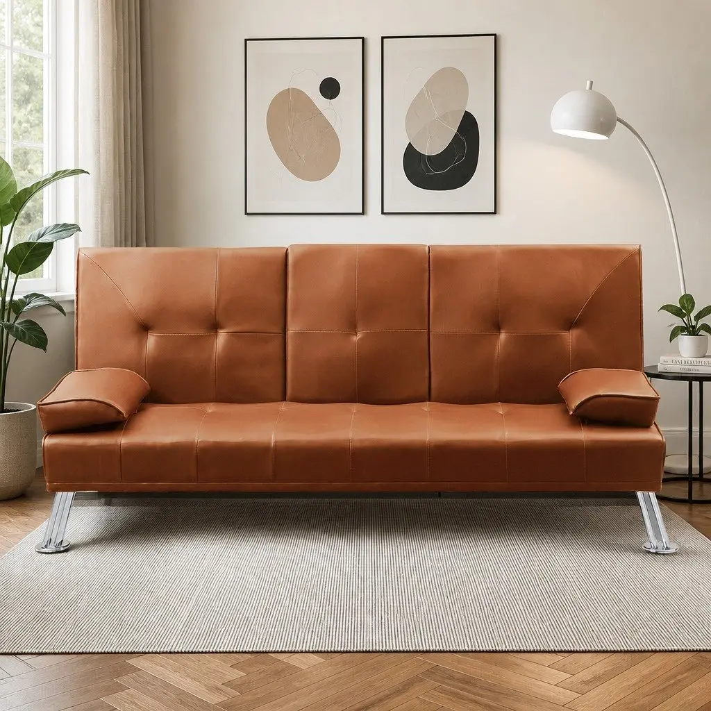 3-Seater Sofa Bed Adjustable Recliner Foldable Middle Panel Cup Holder Brown PVC Leather