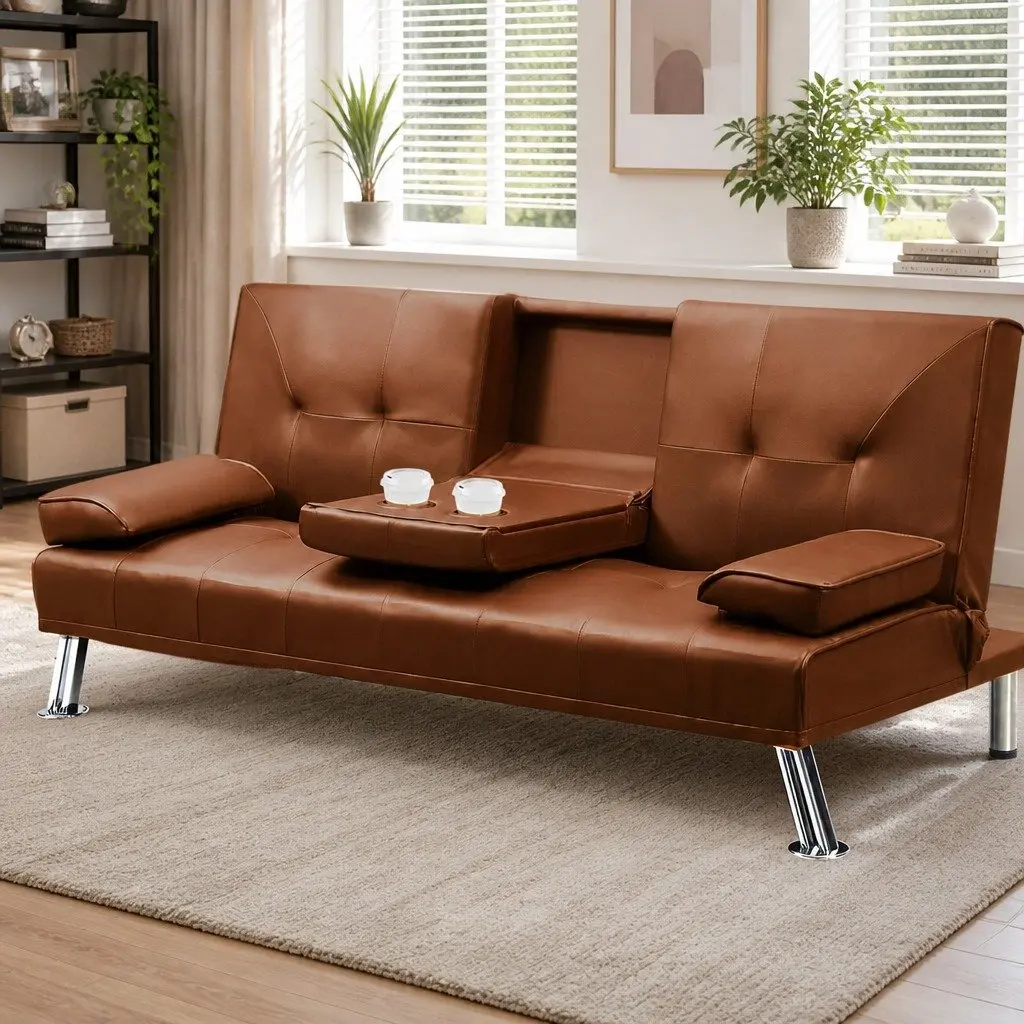 3-Seater Sofa Bed Adjustable Recliner Foldable Middle Panel Cup Holder Brown PVC Leather