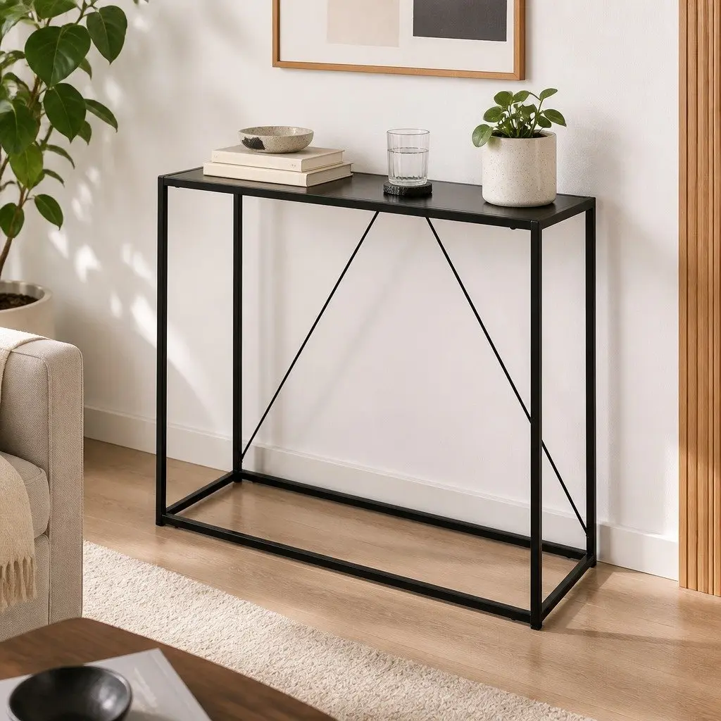2-Tier Console Table Black Powder-coated Steel 90cm W x 30cm D x 80cm H
