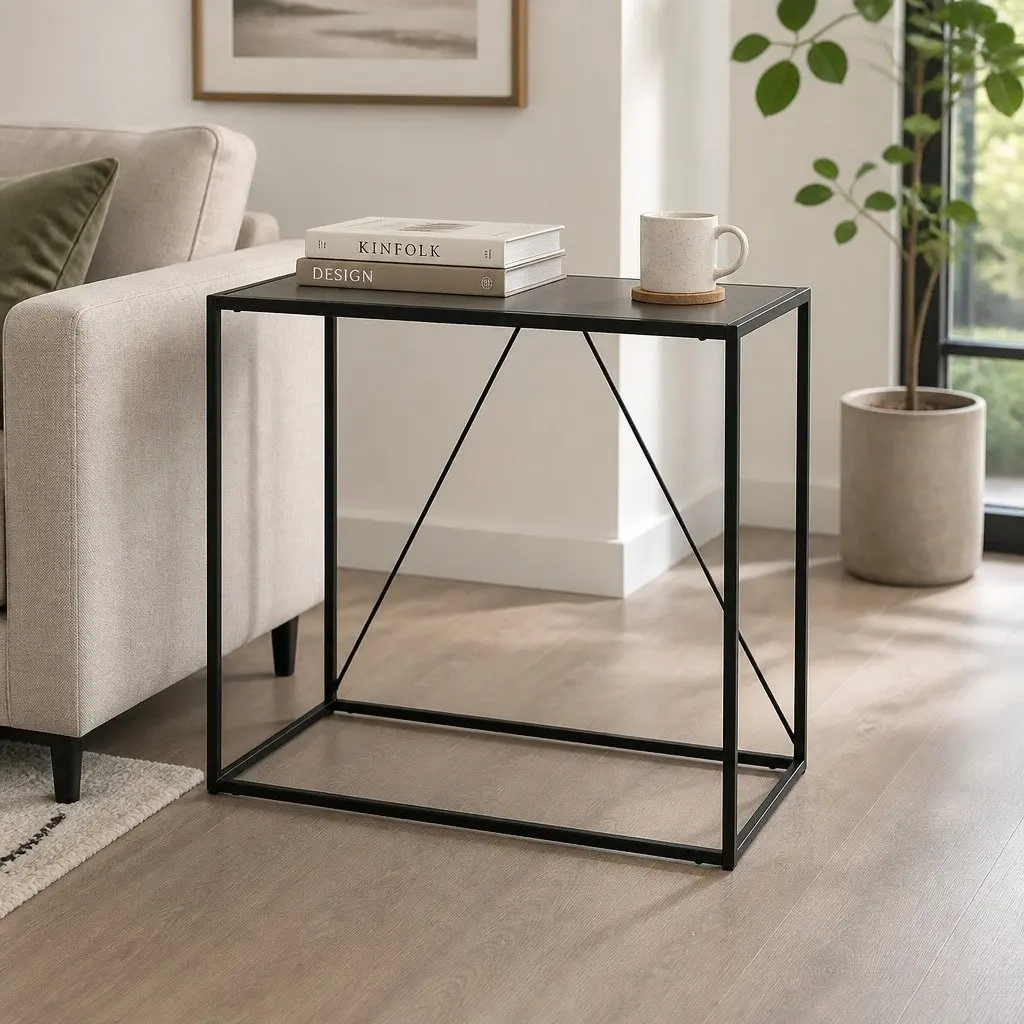 2-Tier Console Table Black Powder-coated Steel 90cm W x 30cm D x 80cm H
